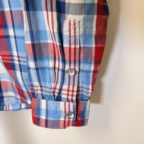Levis Modern Fit Hooded Button Up L/S Shirt Mens Medium Red White Blue Plaid - Picture 10 of 16